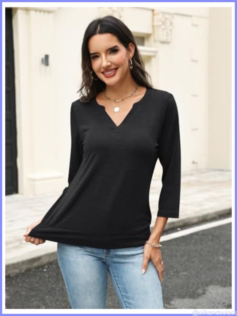 Womens 3/4 Sleeve Banded Bottom V Neck Casual T-Shirt Blouse - Picture 2 of 6